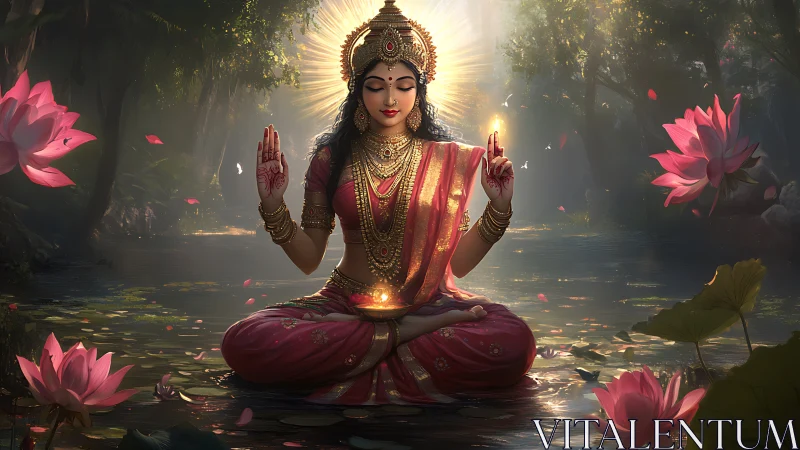 Radiant goddess figure meditating on lotus-filled forest pond.