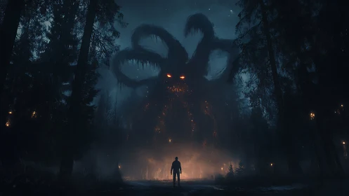 Lone figure confronts colossal glowing demon in stormy forest.
