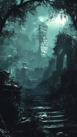 Moonlit jungle ruins overgrown around crumbling stairway.