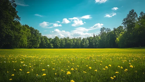 Wide meadow panorama under vibrant summer daylight framing.