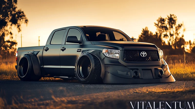 Matte widebody Toyota pickup rendered in cinematic golden hour