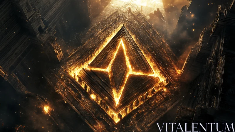 Blazing pyramid sigil rises from ancient stone in fiery light
