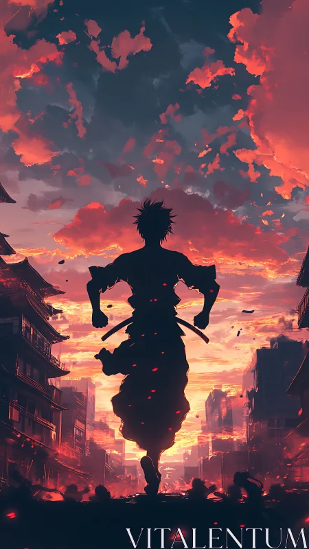 Silhouetted warrior strides through burning city at cinematic dusk