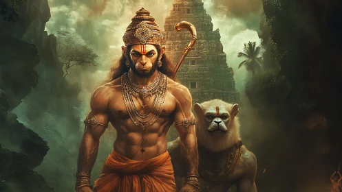 Digital painting of mythic simian warrior before jungle temple.