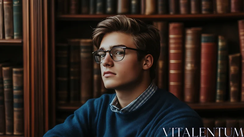 Young person with glasses sits in front of library shelves