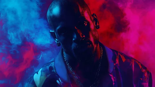 Male portrait in blue and red colored studio smoke lighting.