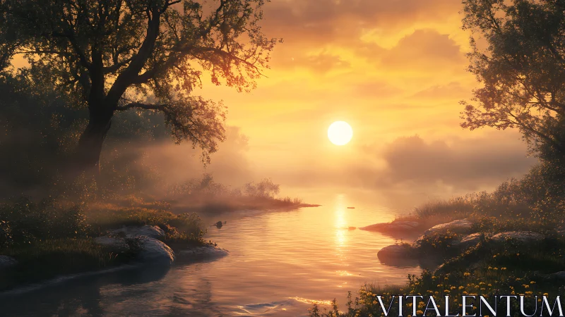 Golden river sunrise through misty woodland valley.