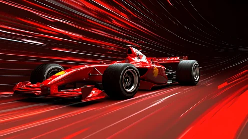 Scarlet racecar slices a neon tunnel of liquefied speed