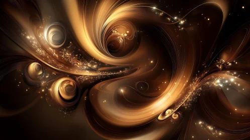 Golden fractal vortexes with swirling luminous particle streams.