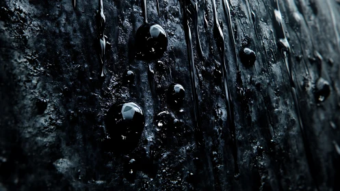 Gleaming black droplets sliding slowly down a dark surface.