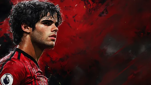 Crimson striker poised in swirling storm of painted passion.