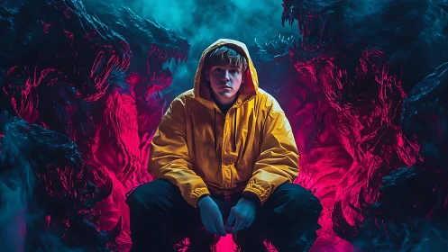 Bright yellow courage among neon nightmares and shadows.