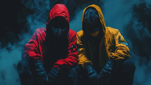 Masked figures crouch in colored hoodies amid dense smoke