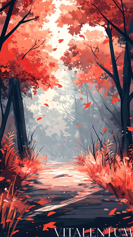 Autumn's Crimson Path Through the Forest.