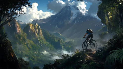 Mountain biker descends misty valley trail under dramatic alpine peak