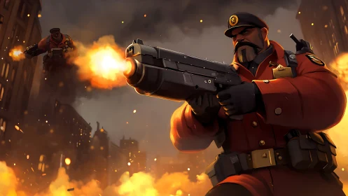 Armored enforcer fires heavy rifle amid stylized urban warfare