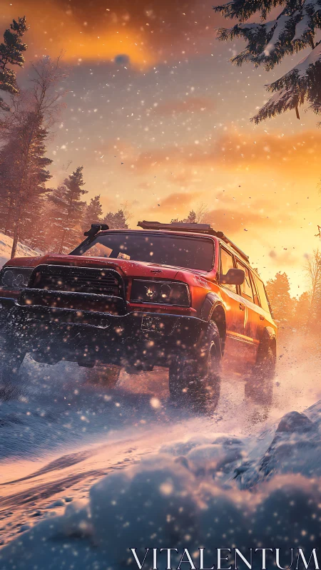 Crimson off‑roader storms a glowing winter mountainscape.