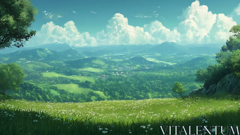 Wide summer valley landscape viewed from grassy hillside.