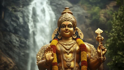 Golden deity greets the waterfall’s mist with calm radiance