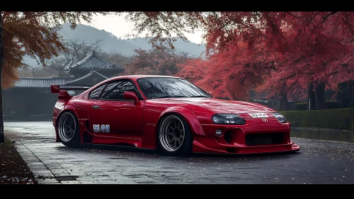Modified red Toyota sports car under red autumn trees.