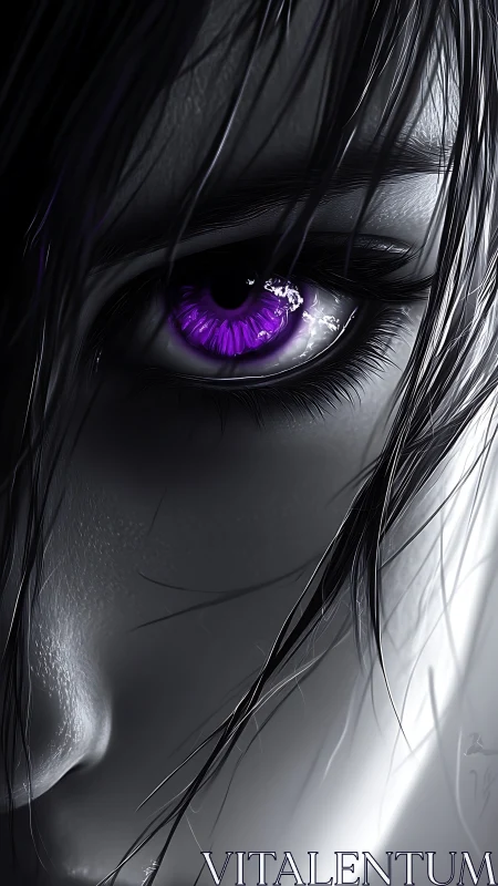 Monochrome portrait with luminous violet cybernetic eye.