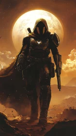 Cinematic sci‑fi ranger in tactical armor under lunar backlight.