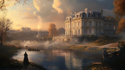 Golden hour riverfront ch&acirc;teau renders atmospheric depth and scale
