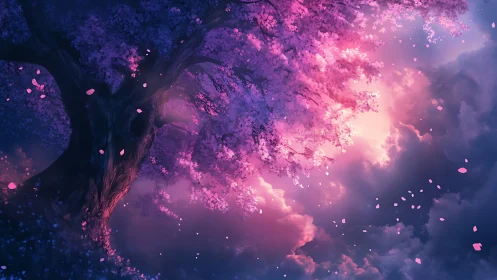 Blossoming tree canopy against luminous clouded sky.