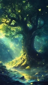 Enchanted forest tree glows beside a luminous river at dusk.
