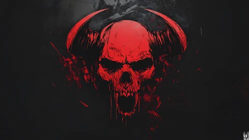 Red demonic skull with curved horns dominates dark background
