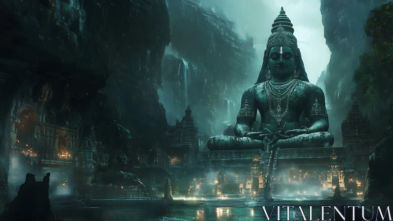 Colossal stone deity dominates mist-laden cavern temple complex