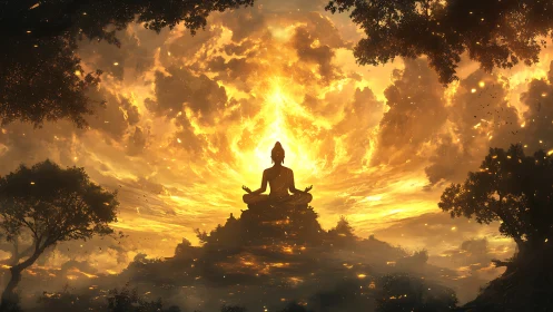 Digital painting of meditative silhouette within radiant sky portal.