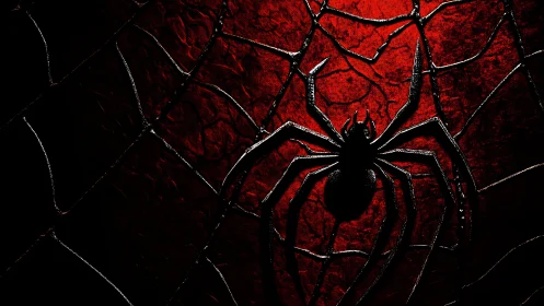 Silhouetted black spider emblem on glowing red web background.