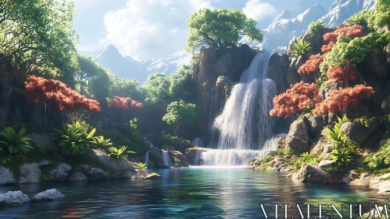 Multi-tier waterfall in lush mountain basin, high noon lighting