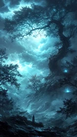Moonlit titan tree and lone wanderer beneath stormed sky.