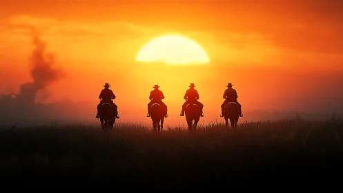 Cowboy riders silhouetted at sunset on prairie horizon