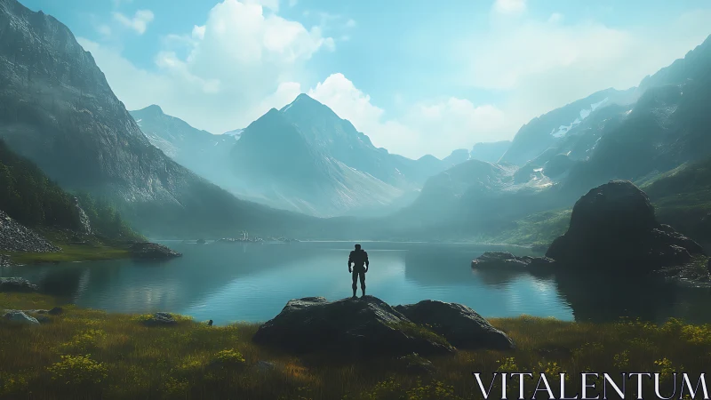 Lone armored figure facing vast mountain lake vista.