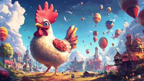 Giant Rooster in Fantastical Floating Castle Kingdom