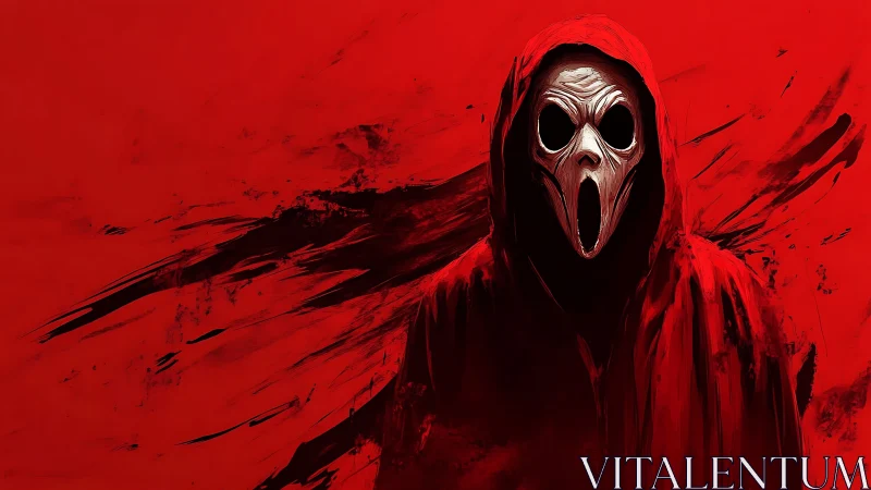 Hooded skeletal figure with elongated mask on red abstract field