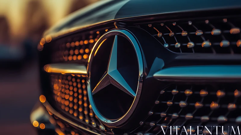 Close-up luxury car grille with glowing emblem at dusk.