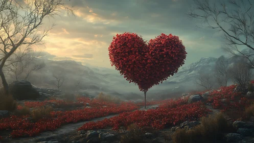 Heart-Shaped Tree Blooms Over Red Valley Landscape.