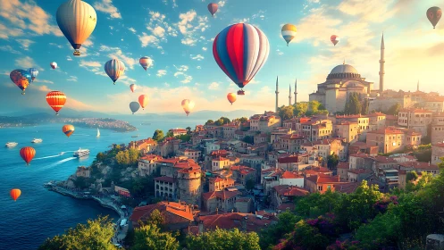 Sky lanterns over sunlit seaside city of terracotta dreams.