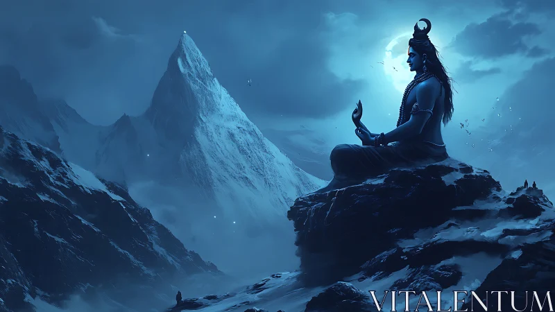 Serene mountain deity meditates beneath a luminous moonlit sky.