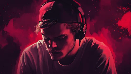 Brooding gamer in headphones immersed in neon soundscape.