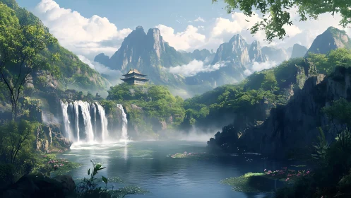 Digital landscape of misty cascades and temple valley vista.
