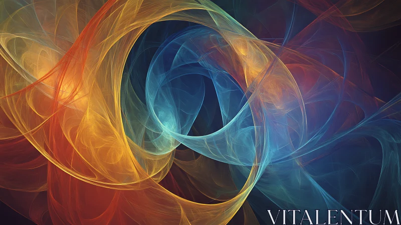 Swirling blue and amber fractal ribbons flow in harmony.