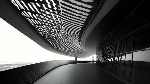 Curved skywalk of light and shadow in a calm future space.