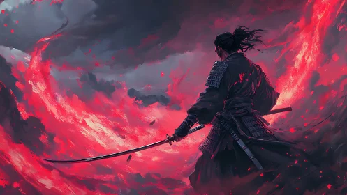 Lone samurai confronts storm of crimson fire and ash.