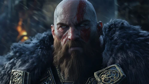 Warrior portrait shows rugged face, war paint and fur cloak