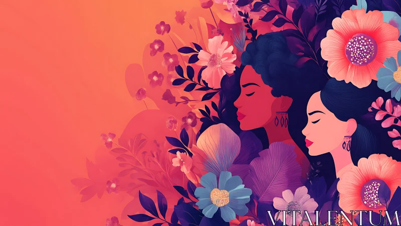 Two Women Surrounded by Vibrant Flowers in Modern Illustration.